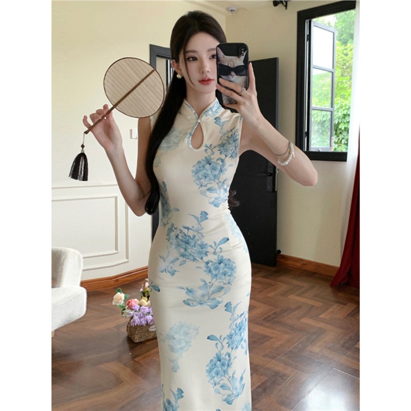 复古新中式中国风印花挂脖式改良旗袍