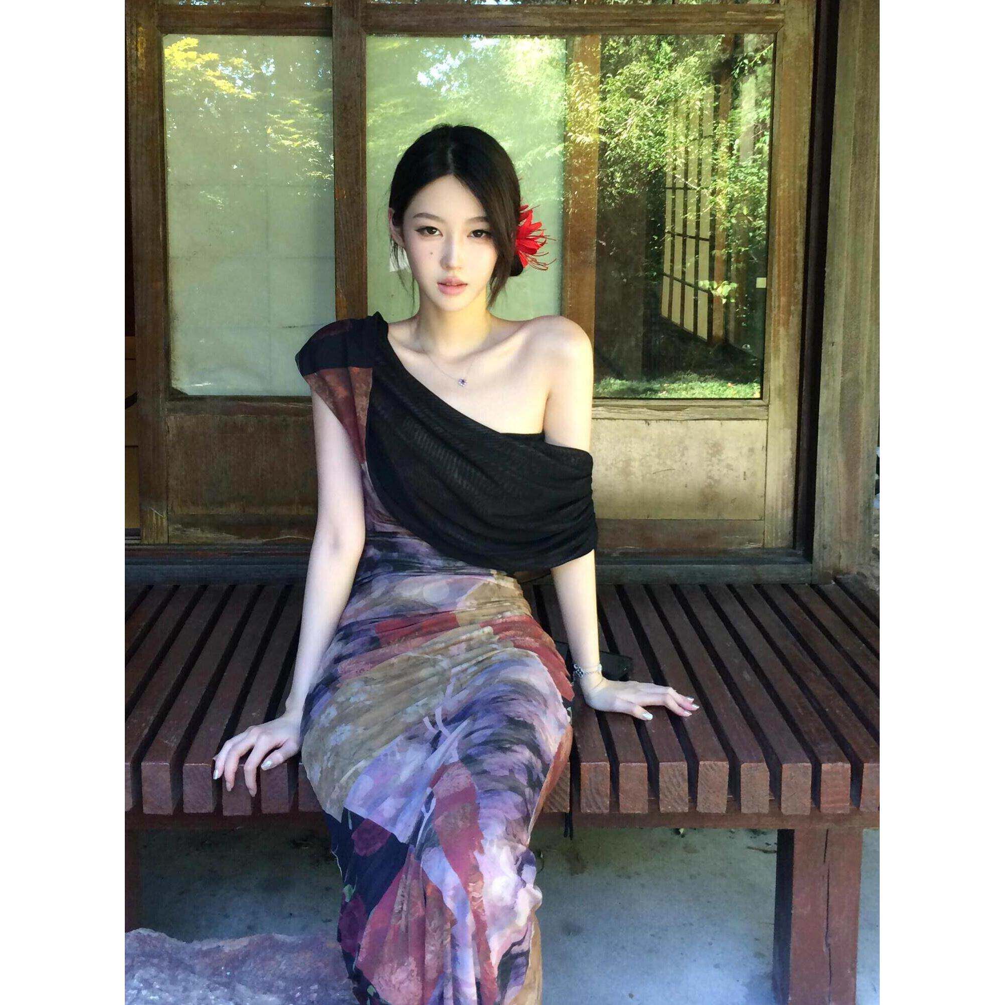 法式一字肩垂折领印花网纱洋装女夏季旗袍性感修身鱼尾包臀长裙子
