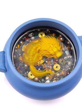 金貔貅三足蓝瓷鼎聚宝盆桌面摆件手绘工艺Chinese mythical beast