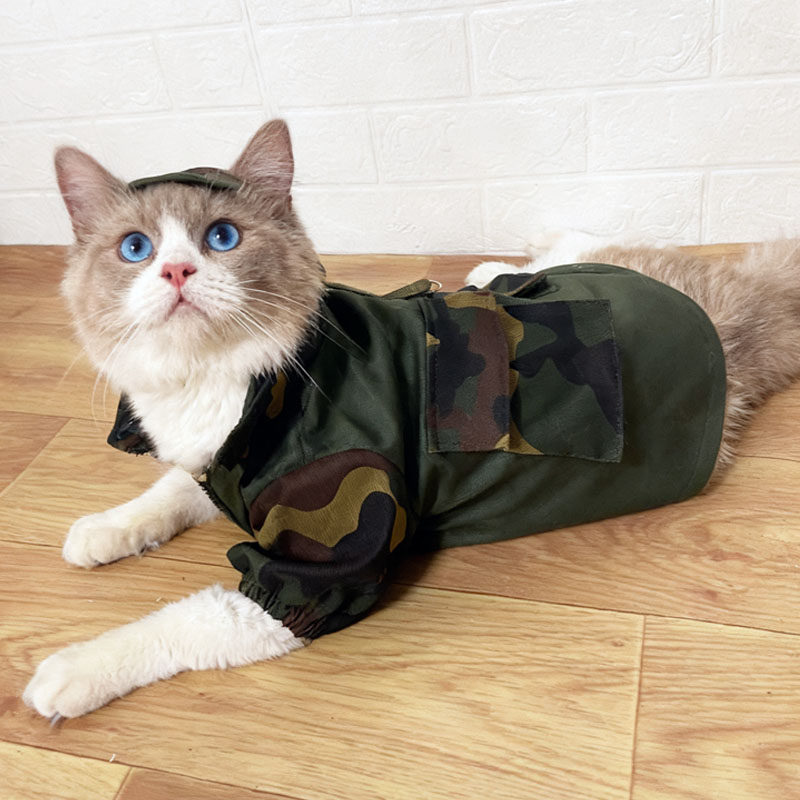 韩露原创猫咪衣服布偶猫服装迷彩连帽工装军绿拼色帅气