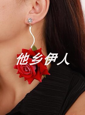 美国代购红色玫瑰花耳环吊坠耳钉