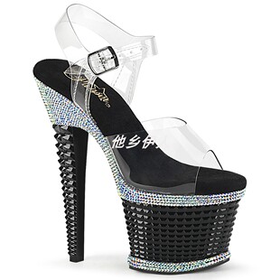 女鞋 Pleaser17.8cm纹理厚底防水台水钻系带露趾高跟凉鞋 美国代购