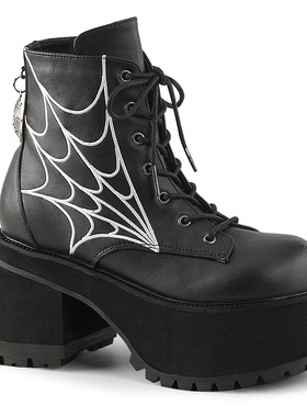 美国Pleaser/Demonia10.2cm黑色亚光蜘蛛网刺绣短靴拉链系带女靴