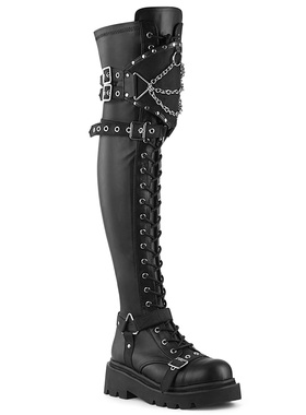 美国代购Pleaser/Demonia6.5cm厚底系带弹力过膝靴皮带扣长靴女靴
