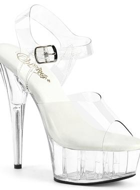 美国代购Pleaser15.2cm厚底防水台透明一字带高跟凉鞋露趾鞋女鞋
