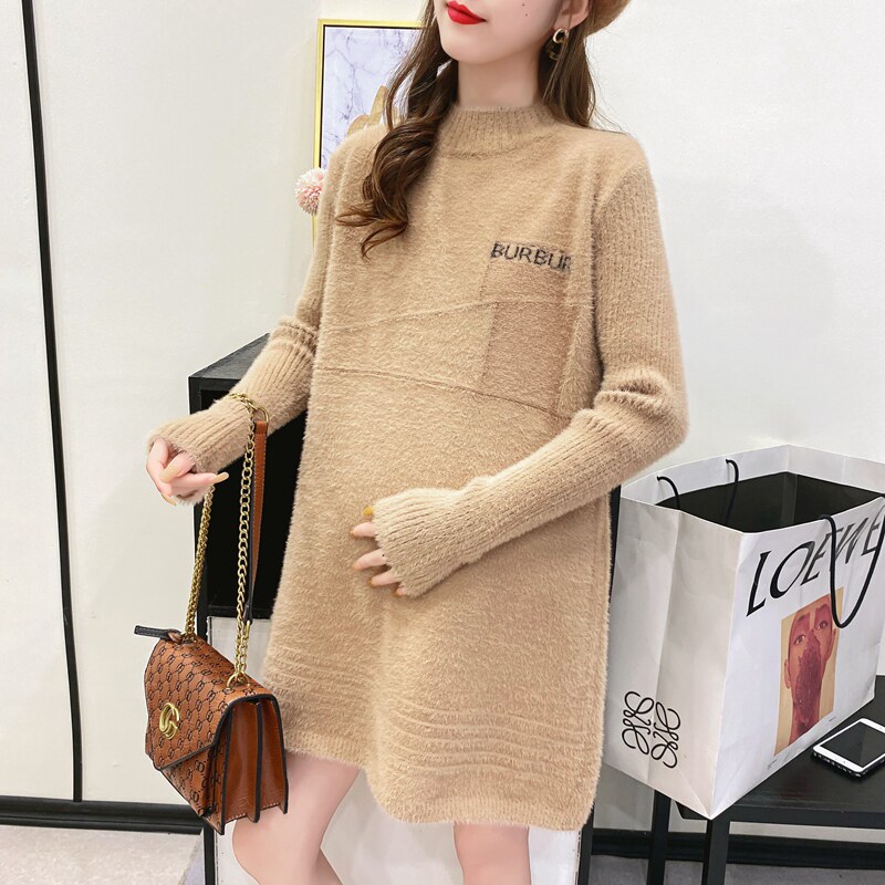 출산 스웨터 중간 길이 가을 겨울 모조 밍크 벨벳 아우터 드레스 유행 엄마 느슨한 두꺼운 탑 바닥 셔츠