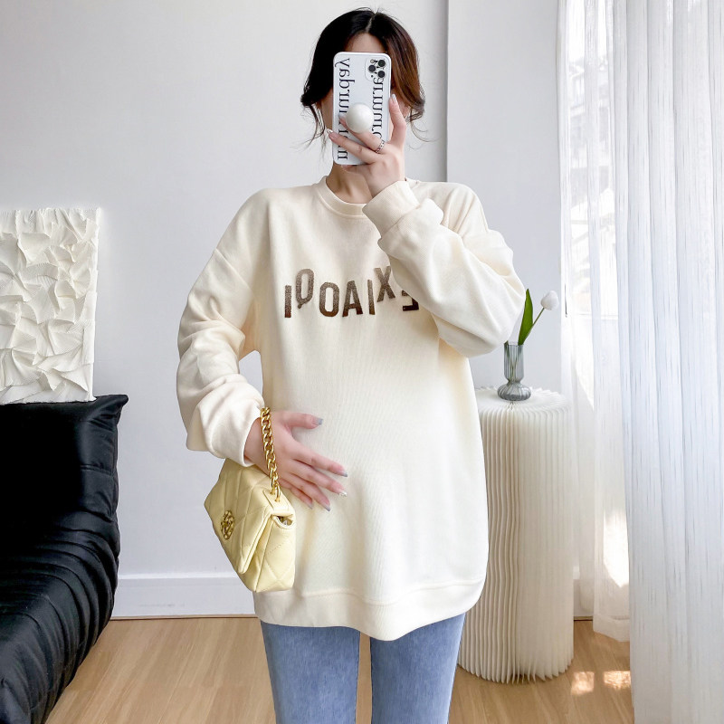 임산부 가을 상의 패셔너블한 풀오버 한국식 긴팔 면 티셔츠 중간 길이 루즈한 대형 여성 캐주얼 스웨트셔츠