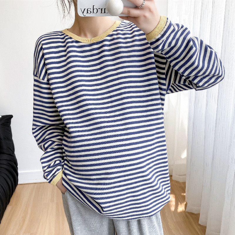 출산 운동복 봄 가을 한국 스타일 패션 느슨한 대형 긴팔 탑 중간 길이 가을 줄무늬 바닥 셔츠