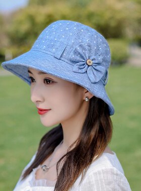 女式帽子春秋款女士蓝色盆帽洋气漂亮新款春季遮阳防晒帽夏天时尚