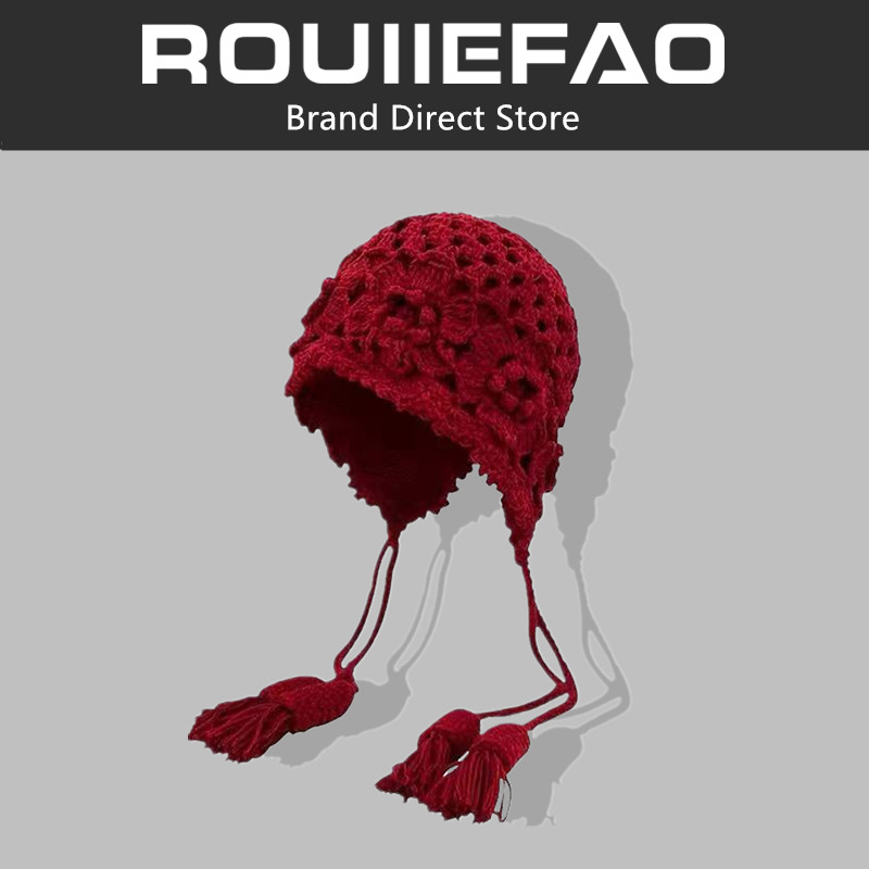 ROUIIEFAO手工编织花朵毛线帽子女秋冬保暖川西旅游针织套头帽潮
