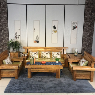 包邮 联邦椅5件套 客厅实木沙发组合大料韩式 鲁班一木老榆木中式