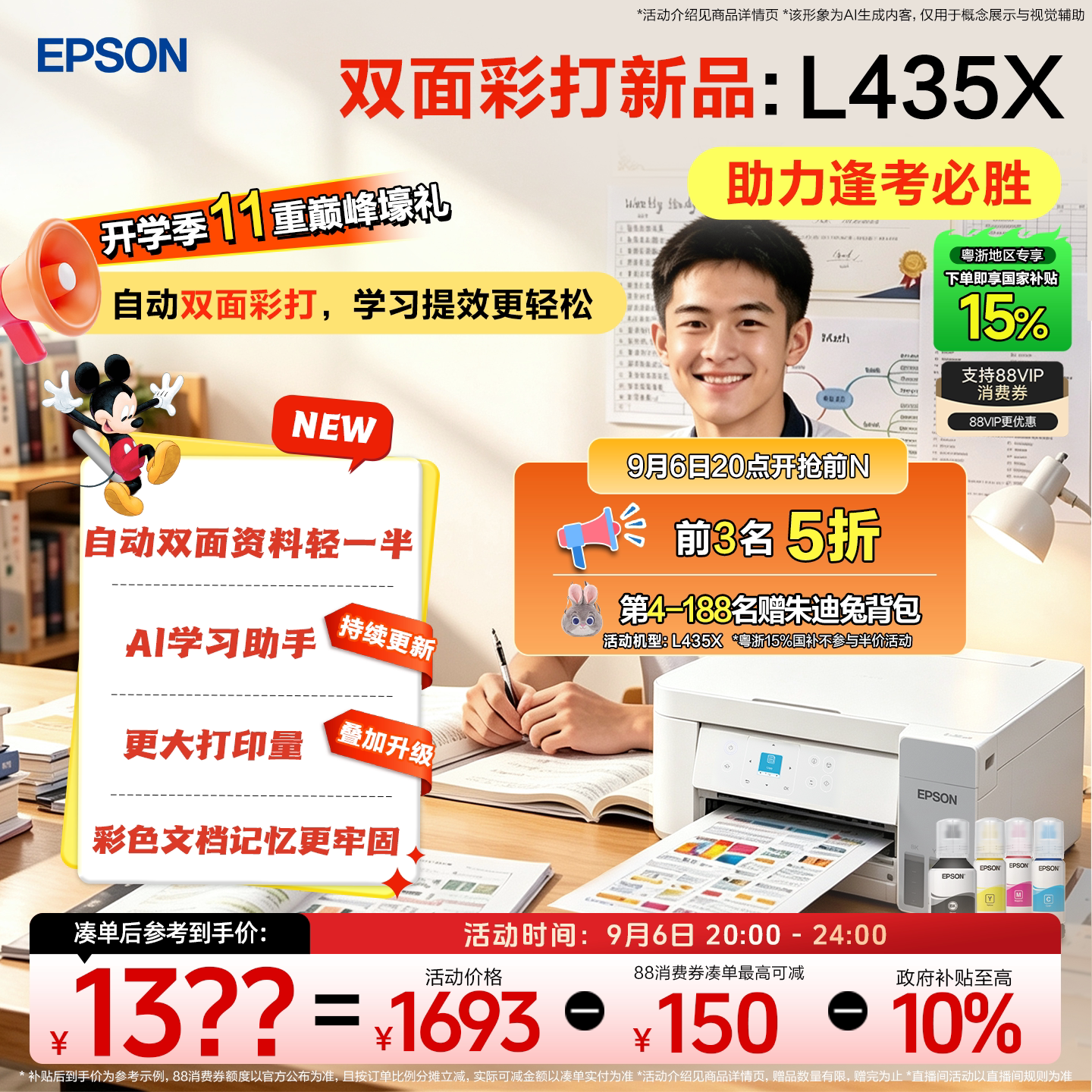 【粤浙专享 政府补贴15%】爱普生L4266/4268/435X墨仓式打印机无线多功能喷墨一体复印扫描照片自动双面学生