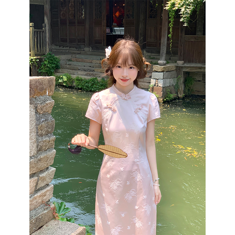 【罐头士多所 限时95折】新中式国风浅樱粉色旗袍改良连衣裙
