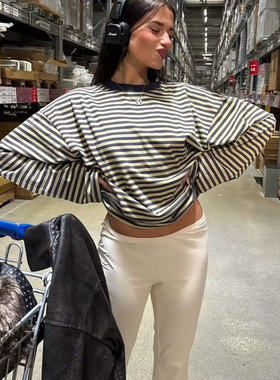 欧美风男友版韩版宽松显瘦百搭圆领条纹长袖T恤女休闲打底衫上衣