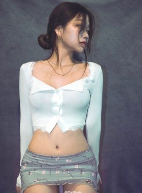 Dplus美试甜辣妹小众纯欲性感黑蕾丝露脐开衫长袖上衣女百搭修身