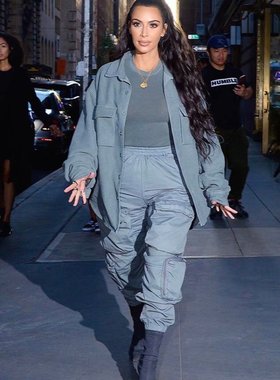 ins欧美风新款 街头帅气bf风多口袋筒高腰直宽松 束脚工装裤女