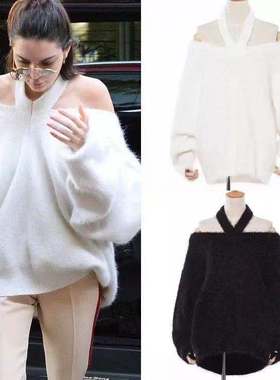 欧美风ins肯豆明星同款一字肩挂脖宽松毛衣海马毛女露肩套头针织