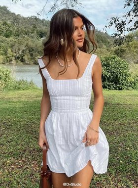 princessPolly辣妹纯欲白色复古纯棉提花纹理收腰迷你方领连衣裙