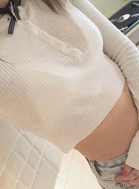 欧美风新款水原希子款v领长袖纽扣针织露脐套头修身显瘦t恤打底衫