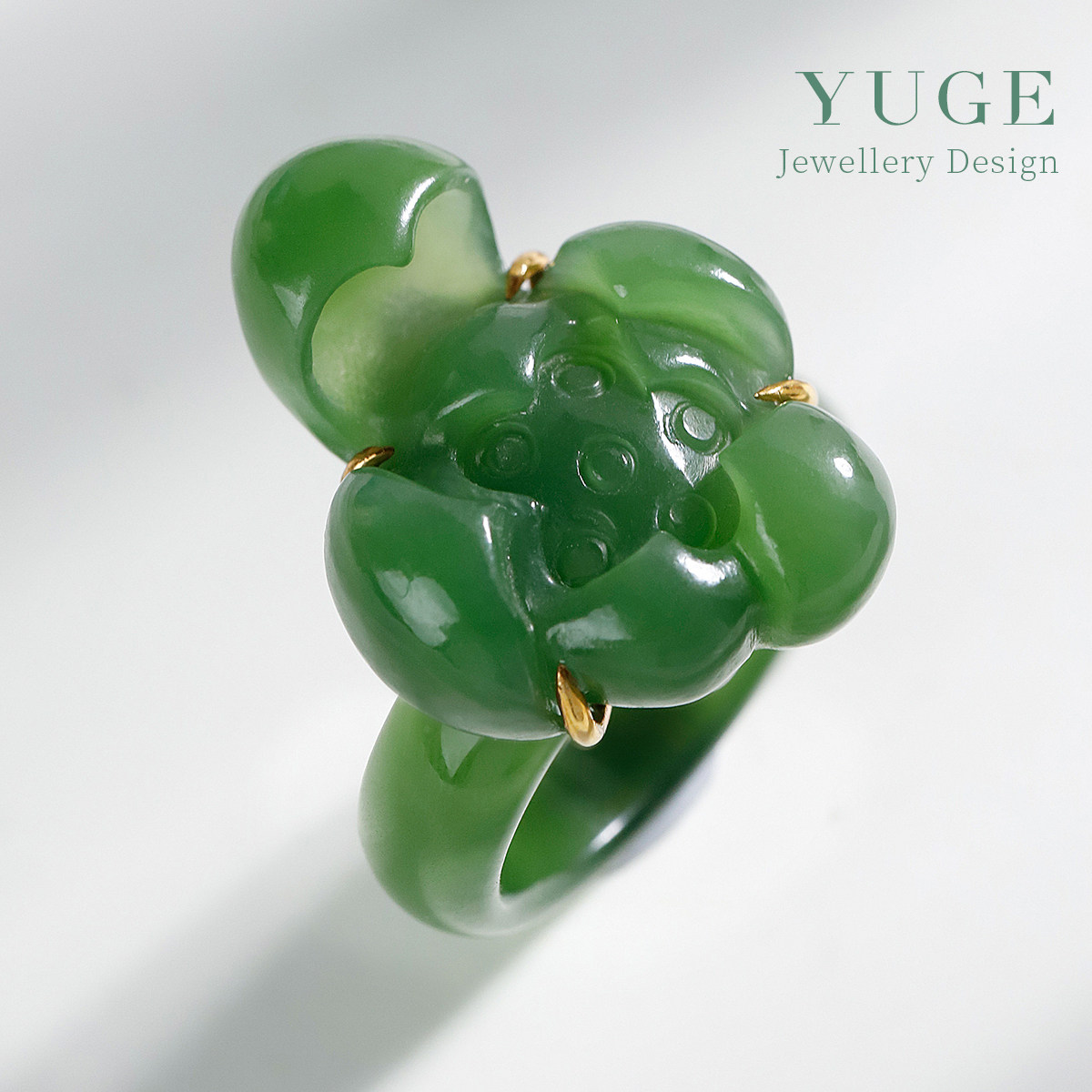 荷&ldquo;财&rdquo;丨老钱风 精雕和田玉菠菜绿碧玉荷花戒指 碧玉指环 18k金