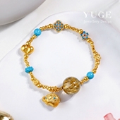 14mm净体猫眼金钛晶手串 原矿高瓷蓝绿松石 古法足金999大象屁桃