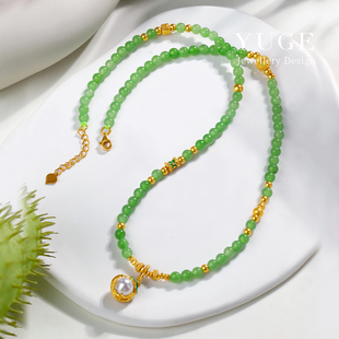 冰种起荧鲜嫩 原创古法足金akoya富竹吊坠 苹果绿碧玉和田玉项链