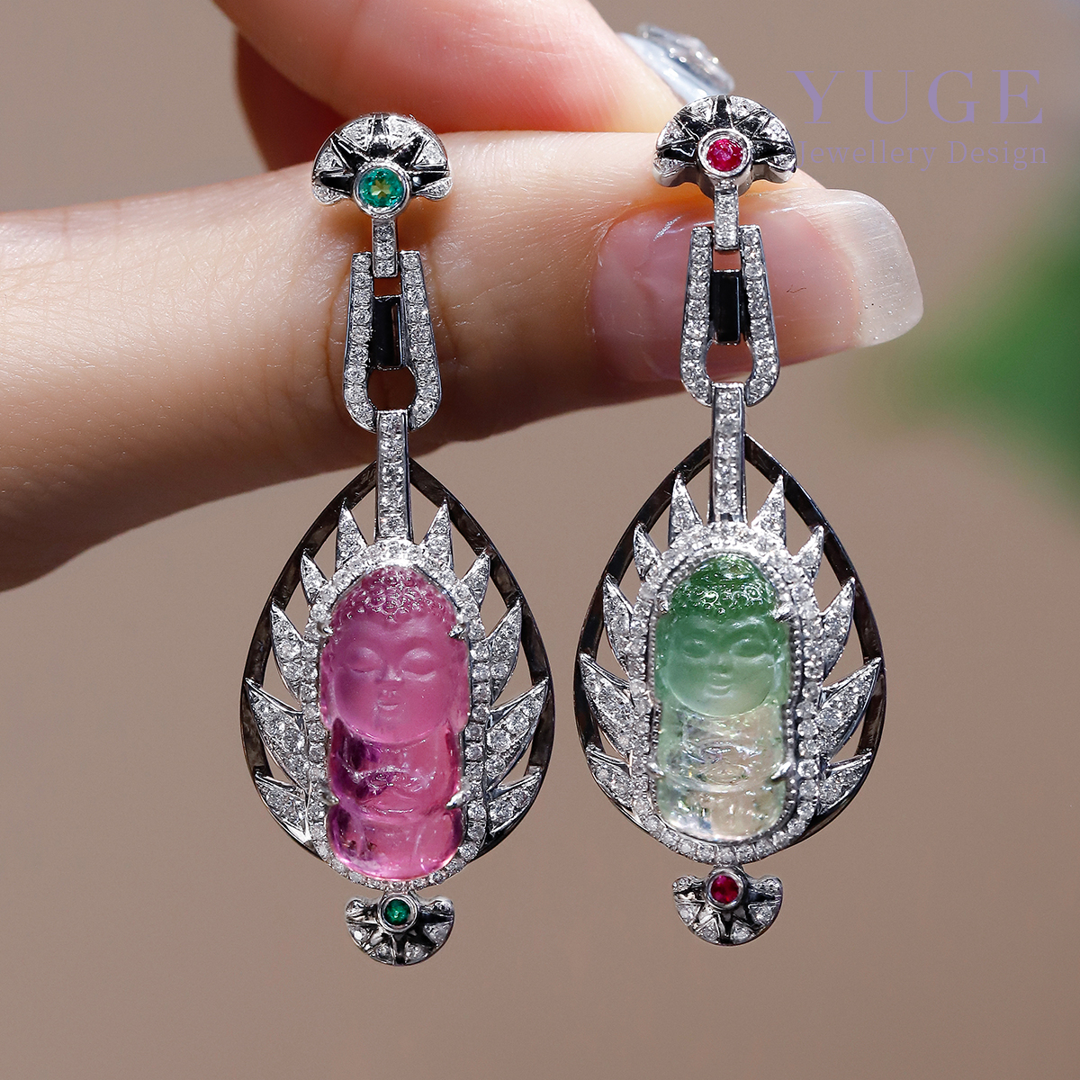 大道同行·和合共生 | 双色AB款碧玺双生佛耳坠 钻石围镶古董格调