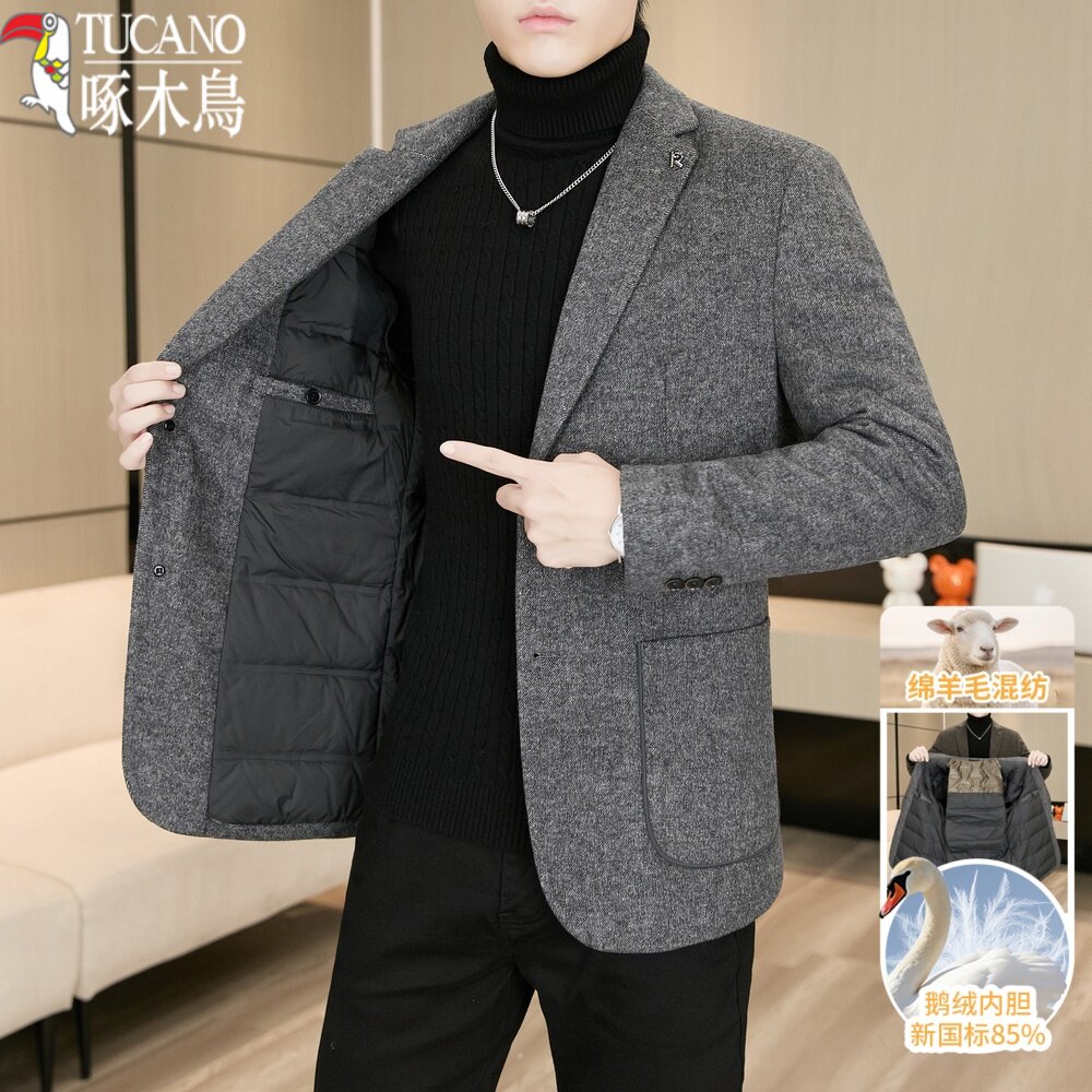 啄木鸟冬季加厚鹅绒男士西服外套