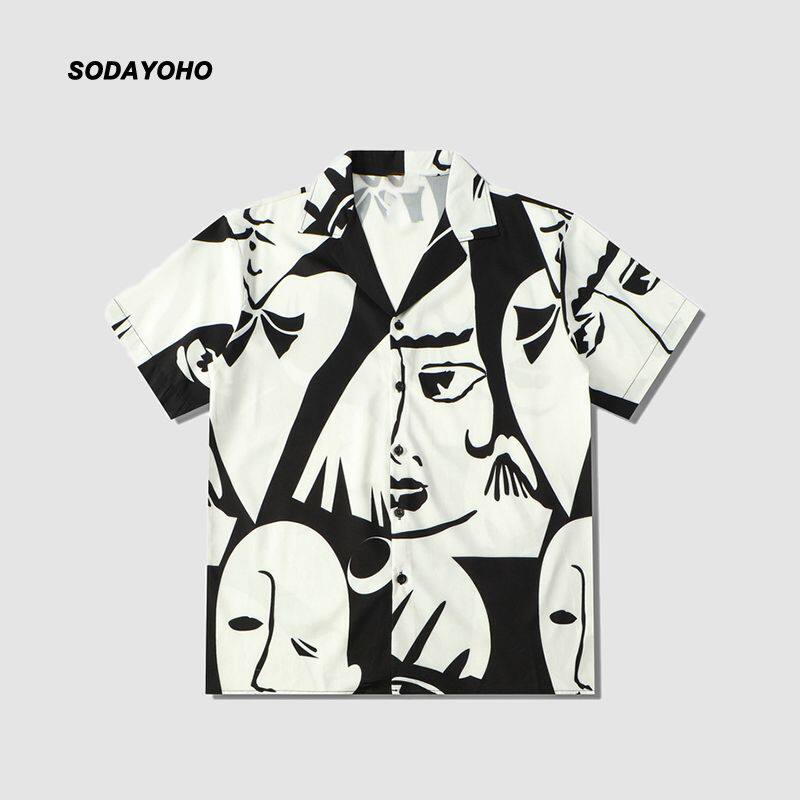 SODAYOHO毕加索黑白抽象脸谱印花短袖衬衫男oversize复古面孔衬衣