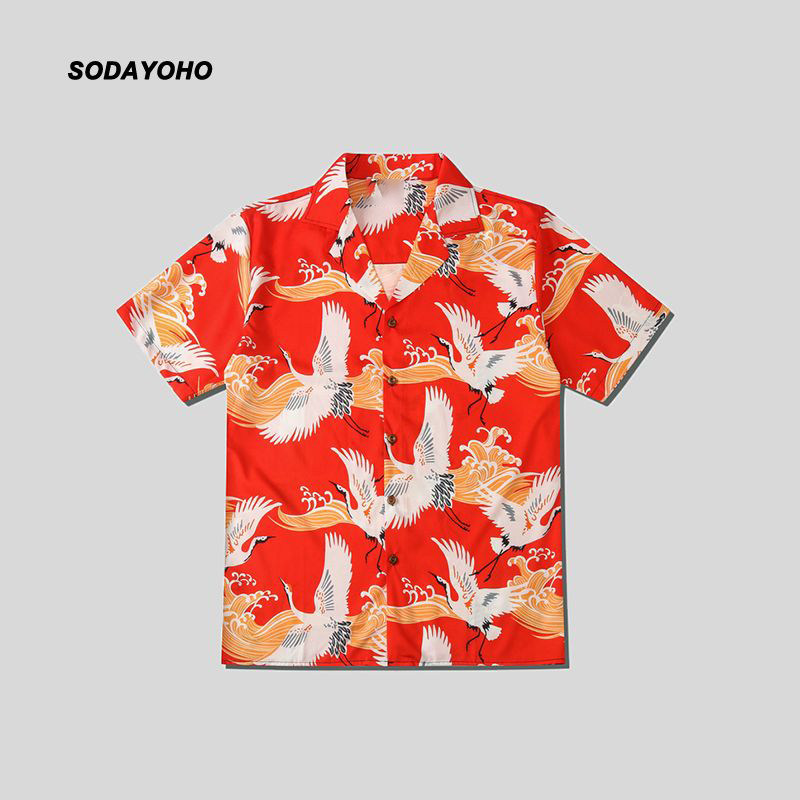 SODAYOHO夏新品日系复古仙鹤印花古巴领宽松短袖夏威夷花衬衫男潮