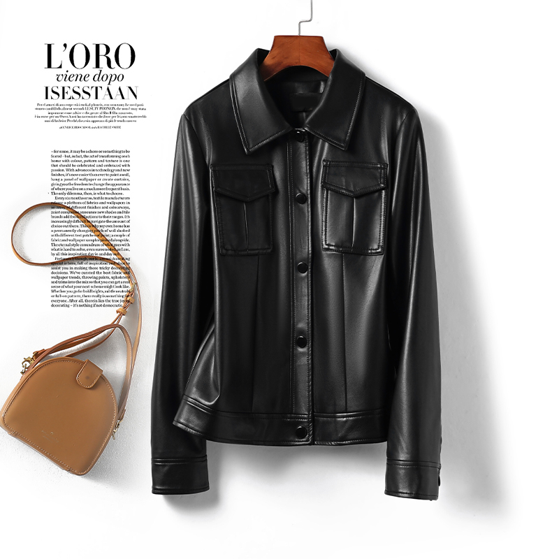 海宁真皮皮衣短款黑色直筒小个子