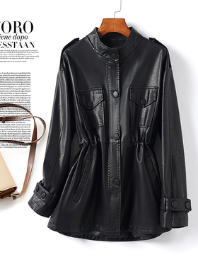 海宁皮衣女中长款黑色立领系带收腰皮夹克春秋新款气质绵羊皮外套