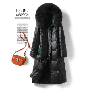 真皮羽绒服女士中长款黑色连帽狐狸毛领90白鸭绒海宁新款绵羊皮衣