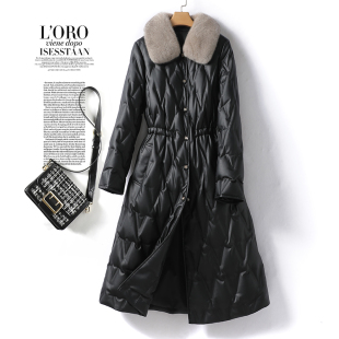 羽绒服女中长款黑色系带收腰气质水貂毛领新款真皮外套白鸭绒皮衣