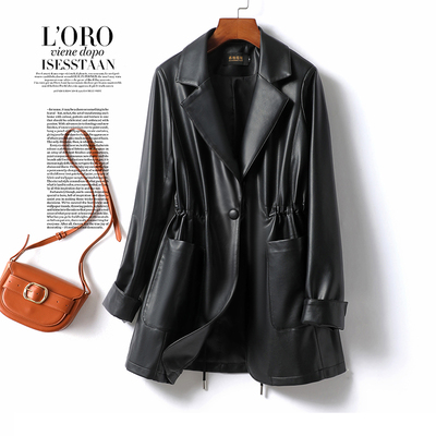 皮衣女中长款黑色韩版收腰西装领