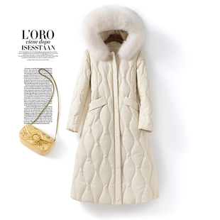 羽绒服女中长款连帽狐狸毛领米白色真皮外套新款海宁绵羊皮女皮衣