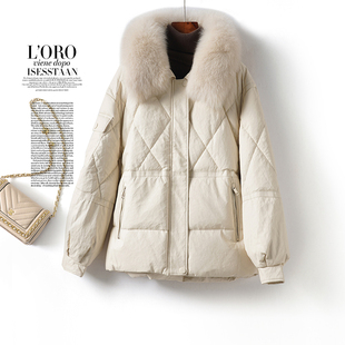海宁真皮衣女外套狐狸毛领米白韩版90白鸭绒2025新款绵羊皮羽绒服
