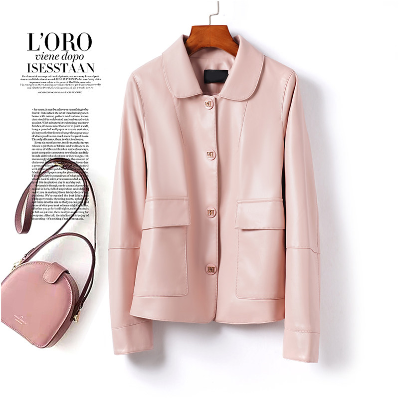 海宁皮衣女士短款翻领韩版粉色减龄皮夹克2026春秋新款绵羊皮外套