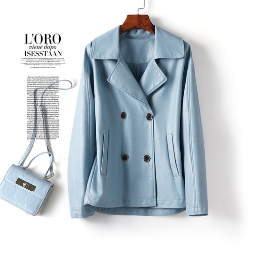 海宁皮衣女常规款翻领韩版双排扣