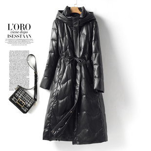 绵羊皮羽绒服女士中长款连帽黑色修身显瘦外套冬季90白鸭绒真皮衣