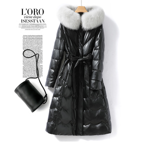 海宁皮羽绒服女中长款黑色系带连帽狐狸毛领白鸭绒外套新款真皮衣