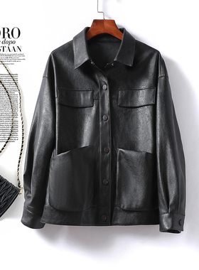 绵羊皮外套女短款宽松黑色加大皮夹克海宁2025秋冬新款皮衣女真皮