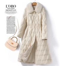 皮羽绒服女中长款系带收腰气质水貂毛领皮衣新款米白外套女白鸭绒