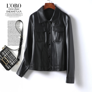 皮衣女短款翻领黑色显瘦休闲机车皮夹克秋冬新款海宁绵羊皮女真皮