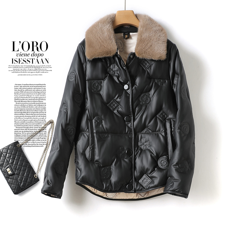 真皮皮衣女短款水貂毛领白鸭绒2025海宁皮羽绒皮夹克女外套绵羊皮