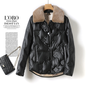 真皮皮衣女短款水貂毛领白鸭绒2026海宁皮羽绒皮夹克女外套绵羊皮