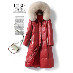 海宁真皮衣女中长款 绵羊皮羽绒 红色连帽狐狸毛领90白鸭绒2025新款