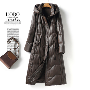 绵羊皮羽绒服女士中长款连帽修身气质真皮外套冬新款90白鸭绒皮衣