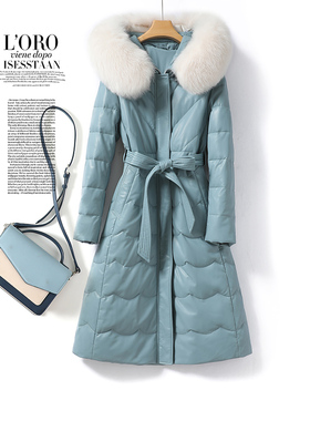 海宁皮羽绒服女中长款系带连帽狐狸毛领绵羊皮外套新款真皮女皮衣