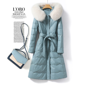 海宁皮羽绒服女中长款系带连帽狐狸毛领绵羊皮外套新款真皮女皮衣